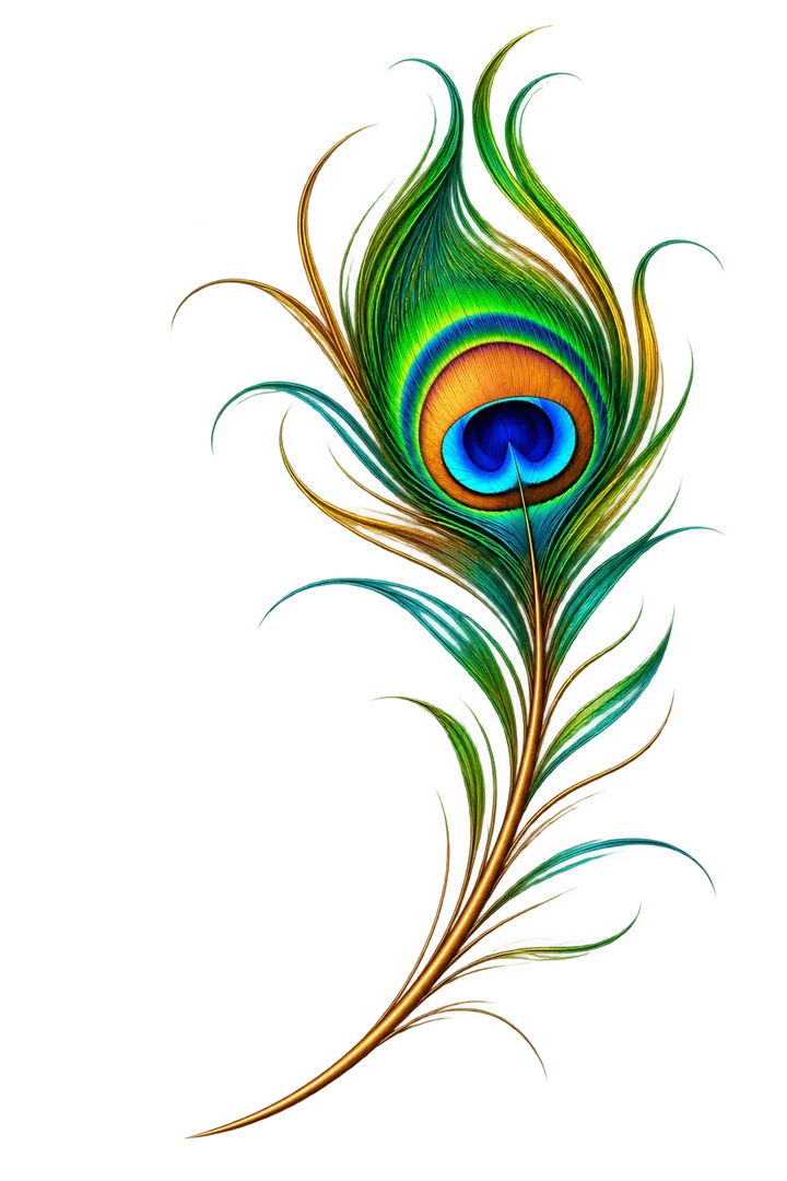 A peacock feather in vibrant greens, blues and gold